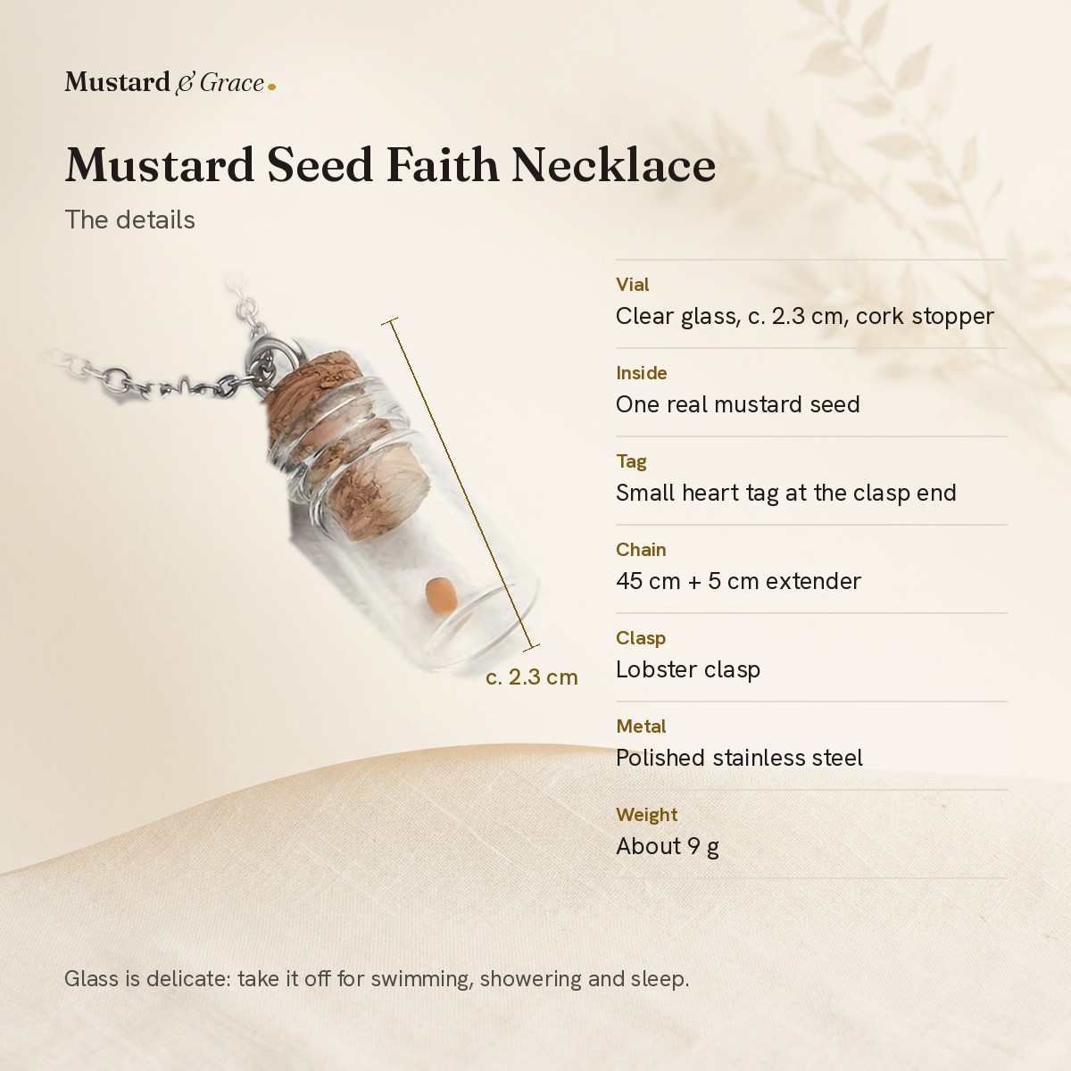 Details: glass vial about 2.3 cm, small heart tag at the clasp end, 45 cm stainless steel chain with 5 cm extender, lobster clasp, about 9 g